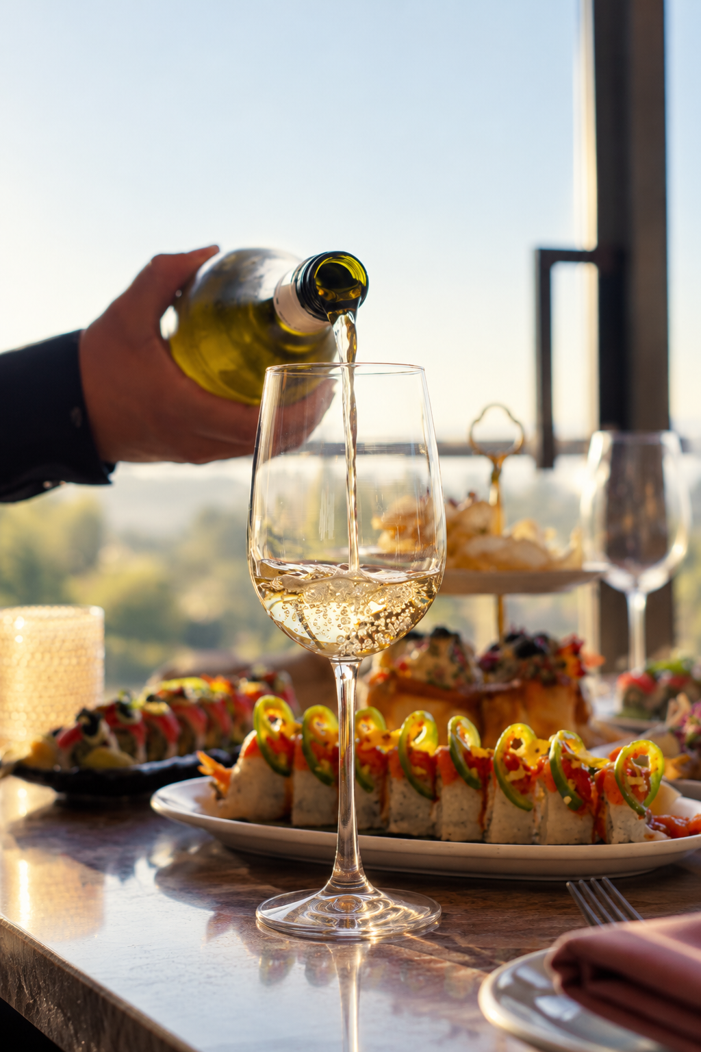 White wine being poured beside sushi in the sunlight