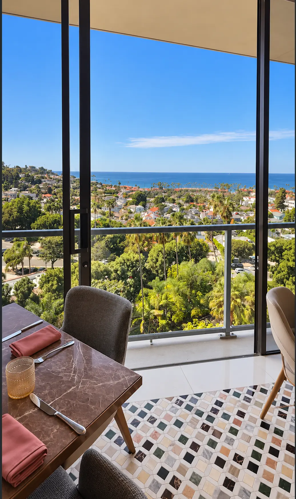 An Aries dining table beside floor-to-ceiling windows overlooking La Jolla and the Pacific Ocean