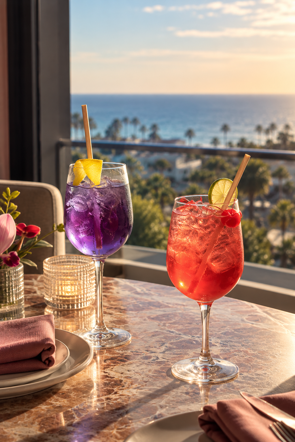 Sunset cocktails overlooking the sea at Aries