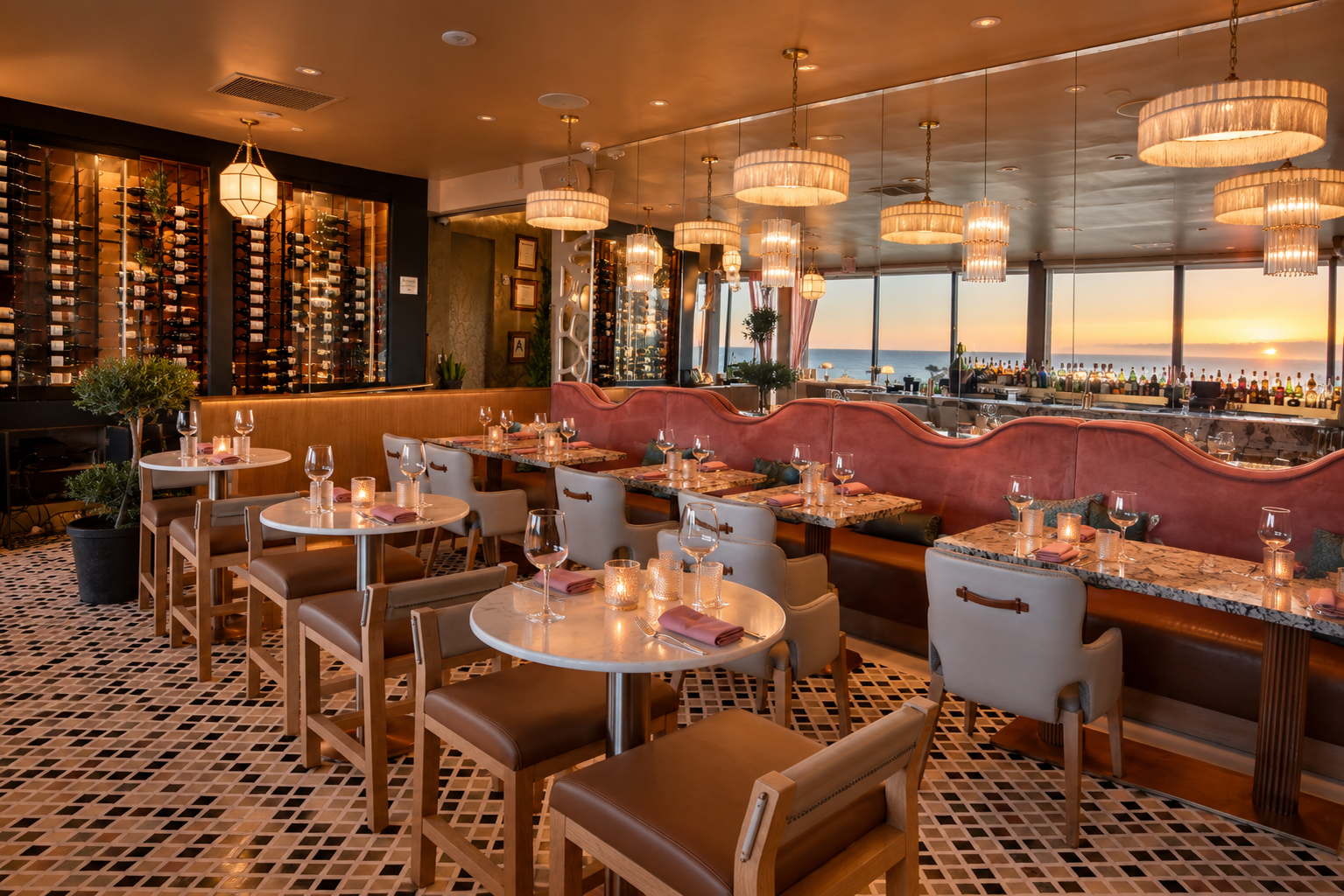 Aries dining room and wine bar at sunset
